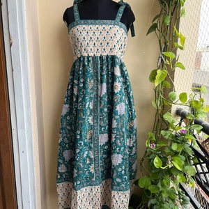 Hand Block Printed Indian Cotton Dress 100% Cotton Long Gown with Floral Embroidered Neckline Square Collar <b>Tunics</b> Dress - Product Image 5