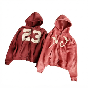 Vintage Wash Heavyweight Oversized Distressed <b>Zip</b> Hoodie Men Streetwear Retro Acid Fleece 100% Cotton Eco-Friendly Sweatshirt - Product Image 1
