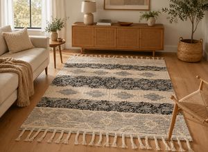 Alfombra Boho Tejida a Mano de Algodón y Lana, Estilo Marroquí Geométrico, Alfombra con Borlas Hecha a Mano para Sala de Estar, Dormitorio, Alfombra Ecológica - Product Image 2