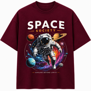 Camiseta Negra de Manga Larga para Hombre con Estampado de Astronauta de Space Society, Cuello Redondo, Corte Holgado, Informal, Tejida, 100% Algodón, Estampado por Transferencia de Calor - Product Image 1