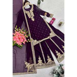 Ensemble de tenue de soirée en mousseline de soie avec broderie et travail de paillettes, tenue de mariage élégante - Product Image 1