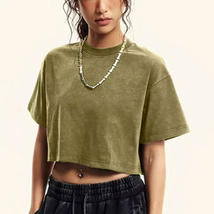 Solid Slim Washed T-Shirt Female <b>Rhinestone</b> Craft Cotton Streetwear Casual Sport Short Sleeve Cool Retro <b>Crop</b> Clothing - Product Image 1