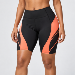 Shorts de compression taille haute pour femme, color block noir et orange, coupe sportive, en tissu tricoté respirant, shorts de compression premium - Product Image 4