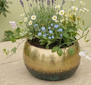 Pot de fleurs rond en laiton martelé, patine décorative, pour intérieur, extérieur et jardin - Product Image 1