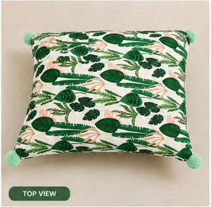 Funda de Cojín de Lujo con Estampado de Hojas Tropicales y Bordes de Pompones Hechos a Mano, Decoración Contemporánea para el Hogar, 100% Lino - Product Image 4
