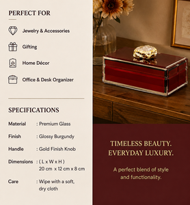 Burgundy Glass Jewelry Storage <b>Box</b> with Gold Finish Natural Stone Knob Glossy Finish Decorative Keepsake and <b>Vanity</b> Organizer - Product Image 6
