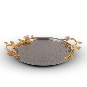 Plateau de service rond au design moderne en acier inoxydable avec poignée à motif floral pour équipement de restaurant - Product Image 1