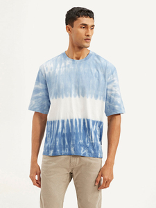Camiseta Casual de Manga Corta con Cuello Redondo para Hombre, Tie-Dye Azul y Blanco, Corte Regular, Tejido de Punto Jersey, Algodón Transpirable - Product Image 3