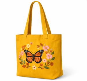 Bolsa de lona personalizada al por mayor, bolsa de lona amarilla con logo impreso personalizado y diseño floral bordado, bolsa de compras - Product Image 3