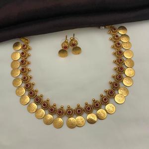 Designer Antique Gold Coin <b>Necklace</b> Temple Lakshmi <b>Ruby</b> Stone Ethnic Bridal Wedding Party Wear Jewelry Wholesale Set For Women's - Product Image 1