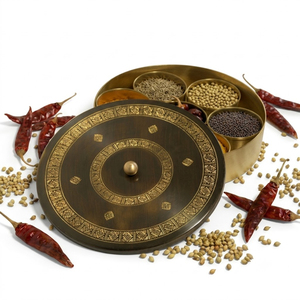 Brass Spice <b>Box</b> With Engraved Mandala Lid Traditional Indian Masala Dabba With 7 Compartments & Spoon For Kitchen Organization - Product Image 3