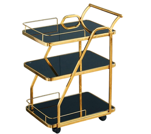 Chariot de service hôtelier en laiton doré avec 3 étagères et 4 roulettes pivotantes – Mobilier commercial contemporain et durable - Product Image 1