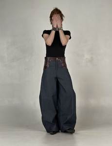 High Waist <b>Wide</b> Leg Denim Pants With <b>Leather</b> Patchwork <b>Belted</b> Casual Full Length Women's Trousers - Product Image 4