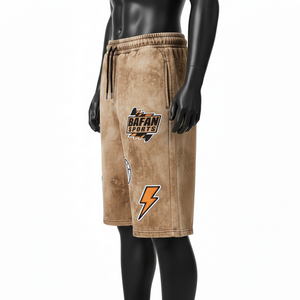 Shorts de hombre de algodón felpa de 280 GSM con lavado ácido, color marrón vintage, con parche de logotipo bordado personalizado, estilo streetwear. - Product Image 3