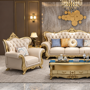 Luxury Modern European Living Room <b>Sofa</b> Set Tufted Cream Upholstered Couch with <b>Gold</b> Carved Wood Frame - Product Image 2