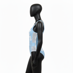 Traje de Baño Premium para Mujer en Nailon y Spandex GSM, Color Azul Claro, Paneles Laterales de Malla, Logotipo Personalizado por Transferencia Térmica - Product Image 3
