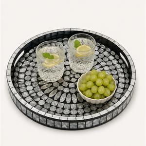 Plateau décoratif en nacre incrustée, mosaïque noire et blanche de luxe, plateau rond pour servir, vente en gros, plateau décoratif pour table basse - Product Image 6