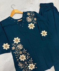 Conjunto de Dos Piezas de Rayón Vintage con Bordado, Color Verde Azulado, Salwar Kameez para Mujer, Ropa Casual, Largo hasta la Rodilla, Secado Rápido, India Pakistán 85310 - Product Image 4
