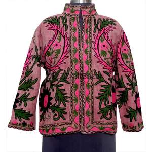 Blouson Bomber Vintage à Motifs Floraux Multi-Saisons 100% Coton, Col en V, Broderie Suzani TNT, Design Dessiné à la Main, Écologique - Product Image 1