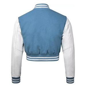 Chaqueta Varsity Corta para Mujer, Color Rosa, Mangas de Cuero Sintético, Bloques de Color Azul Marino, Cierre de Botones - Product Image 3