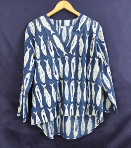Hand Block Printed Cotton Top | Indigo Fish Print V-Neck Tunic - Product Image 3