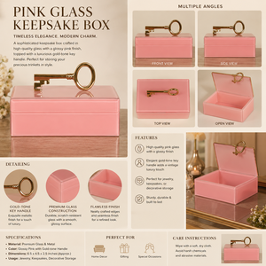 <b>Pink</b> Glass Keepsake Storage Box with Gold Tone Key Handle Glossy Finish Decorative Jewelry and Vanity Organizer - Product Image 2