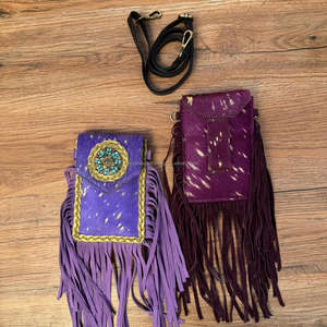 Nouveau à la mode 2025 cheveux sur cuir de vachette métallique frange bandoulière Mini sac pour femmes en cuir véritable Concho cellule Mobile sacs à main - Product Image 4