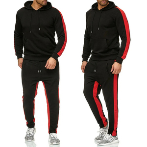 Conjunto Deportivo para Hombre, Sudadera con Capucha y Pantalones, Diseño Sólido con Rayas Rojas y Negras, Estilo Casual para Otoño, Manga Larga, Bolsillos con Cordón - Product Image 2