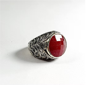 High Grade Ruby Gemstone Handcrafted Textured Wide Band Ring For Unisex - Oxidized Fine Jewelry Collection Everyday Wear - Product Image 4