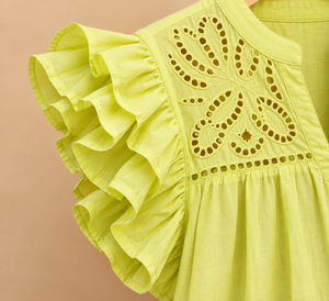 Chemisier en coton vert citron pour femme avec manches à volants et broderie, col en V, coupe décontractée ample, haut printemps-été - Product Image 5