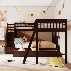 Letto a castello a L con due letti singoli e uno matrimoniale, con 3 cassetti e scaletta, per bambini - Product Image 2