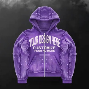Sudadera Premium con Capucha de Algodón y Forro Polar, Corte Holgado con Hombros Caídos, Opciones de Estampado Disponibles, MOQ 10, Sudadera Morada con Cierre de Cremallera, Corte Holgado - Product Image 5