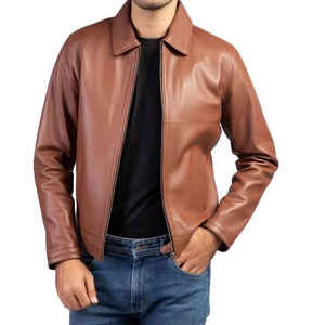 Veste en cuir marron pour homme, col rabattu, fermeture éclair, style décontracté, couleur unie, coupe classique, pour l'automne - Product Image 3