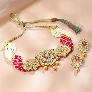 Conjunto de Collar y Pendientes de Aleación de Latón Chapado en Oro con Circonitas y Perlas, Joyería Étnica para Mujer, Diseño Floral para Bodas - Product Image 2