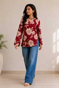 Women's Red Floral Printed <b>Kurta</b> Casual Loose Fit Cotton <b>Top</b> India Pakistan Style All Seasons Wear - Product Image 5