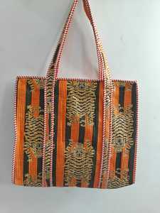 Motif Print Quilted Kantha Cotton Tote <b>Bag</b> with Contrast Handles Reusable Shopping Travel Shoulder <b>Bag</b> - Product Image 5