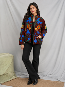 Veste en velours côtelé brodée à la main, col mandarin, manches longues, fermeture éclair, motif floral, style automne, veste pour femme - Product Image 4