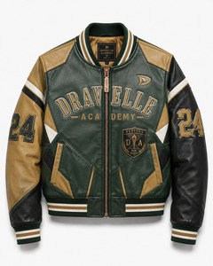 Chaqueta Bomber de Cuero Personalizada para Hombre, Diseño con Parche de Logotipo Bordado, Estilo Preppy, Dravelle Academy, Ropa de Otoño - Product Image 1
