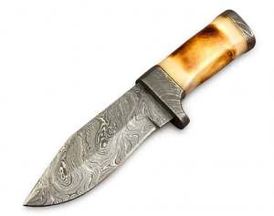 Couteau de camping artisanal en acier Damas, manche en os naturel, garde en Damas - Product Image 1
