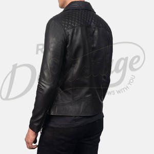 เสื้อแจ็คเก็ตหนังสีดำสำหรับผู้ชาย แบบนักขี่มอเตอร์ไซค์ ตกแต่งลายเพชรที่ไหล่ หนังแกะแท้ ทรงเข้ารูป สำหรับฤดูใบไม้ร่วงและฤดูหนาว แบบซิป - Product Image 3