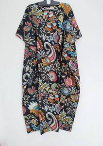 Robe Kaftan Vintage pour Femme, Imprimé Floral, Dentelle, Col en V, Manches 3/4, Lavable, Longueur Genou, 240g, 100% Coton, Coupe Ample Évasée - Product Image 4