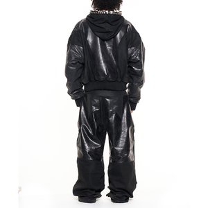 Survêtement en cuir noir pour homme avec capuche, fermeture éclair intégrale, coupe ample, style streetwear, tenue d'hiver avec poches latérales - Product Image 3