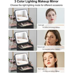 Bolsa de Maquillaje con Espejo LED, Organizador de Cosméticos de Viaje Grande para Mujeres y Maquilladores, Portátil, de PU - Product Image 6