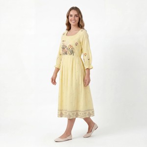 Women's Yellow Floral Embroidered Organza Henley Neck Puff Sleeve <b>Loose</b> Fit Knee-Length Casual Leisure <b>Dress</b> - Product Image 4