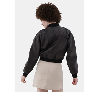 Chaqueta Bomber de Cuero PU Negra para Mujer, con Cierre de Cremallera, Manga Larga, Cuello Camisero, Estilo Corto, para Otoño - Product Image 3