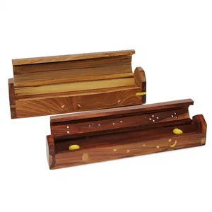 Caja de Incienso de Madera de Sequoia Hecha a Mano con Tapa Tallada e Incrustaciones Florales - Product Image 2