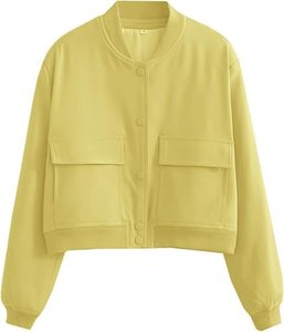 Women's Solid Color Bomber <b>Jacket</b> Full <b>Sleeve</b> Stand Collar Patch Pocket <b>Short</b> Length Autumn Wear - Product Image 2