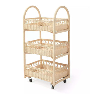 Delightful Rattan Storage Cart Rolling Organizer <b>Shelf</b> Woven Trolley <b>Basket</b> Perfect For Nursery Playroom Home Organization - Product Image 2