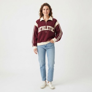 Sweat-shirt noir pour femme avec imprimé lettres Paris, col rabattu, manches longues, style preppy oversize, vêtement d'automne - Product Image 4