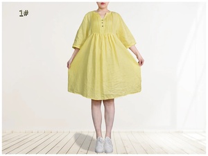 Robe midi en lin à manches bouffantes, col en V, plissée, fluide, printemps-été, vêtements pour femmes - Product Image 1